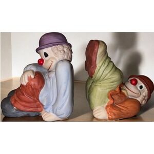 Vintage Tripar Ceramic Happy Clowns Bookends Colorful 6.5" Tall
